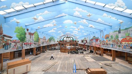 Installation of Schottenhamel tent ahead of the Oktoberfest in Munich, Germany, August 29, 2019.