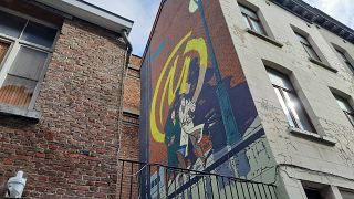 A Blake and Mortimer mural in Brussels, Belgium, to celebrate 75 years of the comic book heroes.