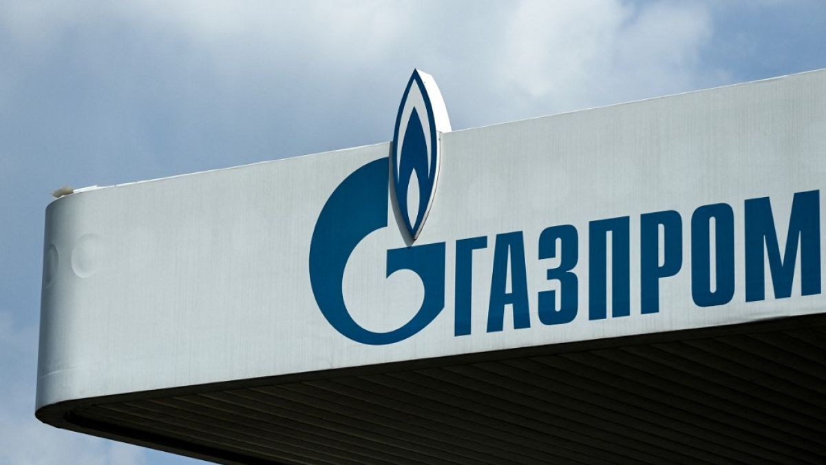 The logo of Russia's energy giant Gazprom is pictured at one of its petrol stations in Moscow on April 16, 2021.