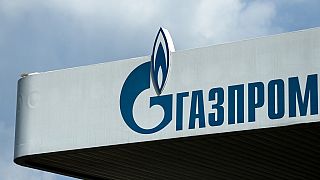 The logo of Russia's energy giant Gazprom is pictured at one of its petrol stations in Moscow on April 16, 2021.