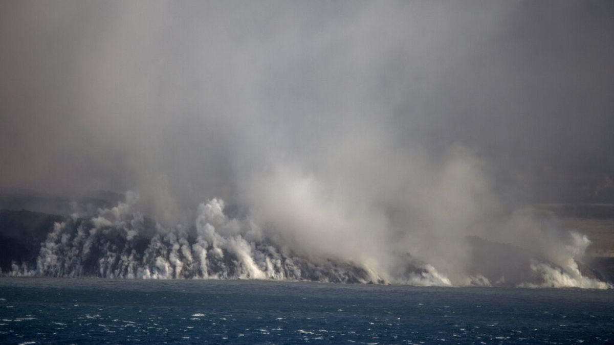 Lava reaching the Atlantic Ocean off the Canary Islands. 