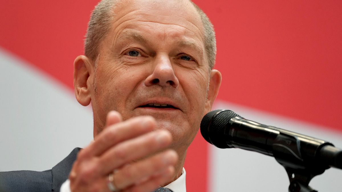 Olaf Scholz, top candidate for chancellor of the Social Democratic Party (SPD) speaks during a press conference at the party's headquarters in Berlin, Sept 27, 2021.