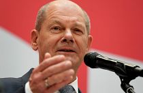 Olaf Scholz, top candidate for chancellor of the Social Democratic Party (SPD) speaks during a press conference at the party's headquarters in Berlin, Sept 27, 2021.