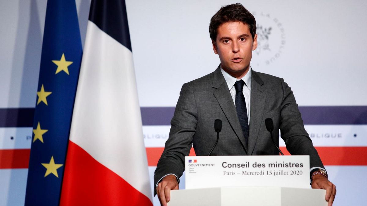 French Government's spokesperson Gabriel Attal delivers a speech at the Elysee Palace.