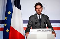 French Government's spokesperson Gabriel Attal delivers a speech at the Elysee Palace.