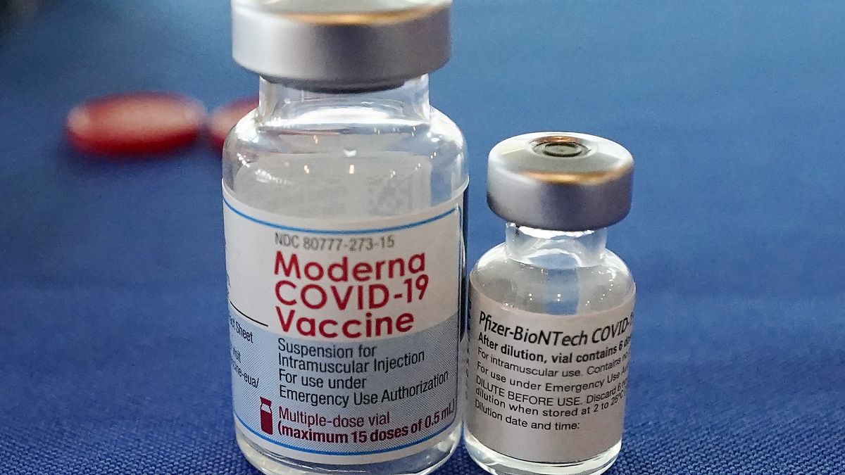 قارورتان من اللقاحين المضادين لكوفيد-19 فايزر/بيونتك وموديرنا 