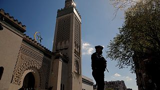 شرطي يقوم بدورية  حراسة خارج مسجد باريس، فرنسا.