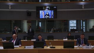 الممثلة التجارية الأمريكية كاثرين تاي، تتحدث خلال اجتماع وزراء التجارة الخارجية الأوروبية في مقر المجلس الأوروبي في بروكسل.