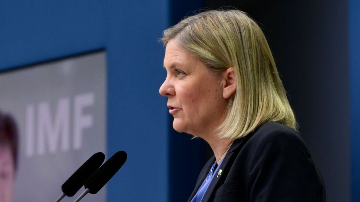 Magdalena Andersson speaks during a digital IMF press conference in January.