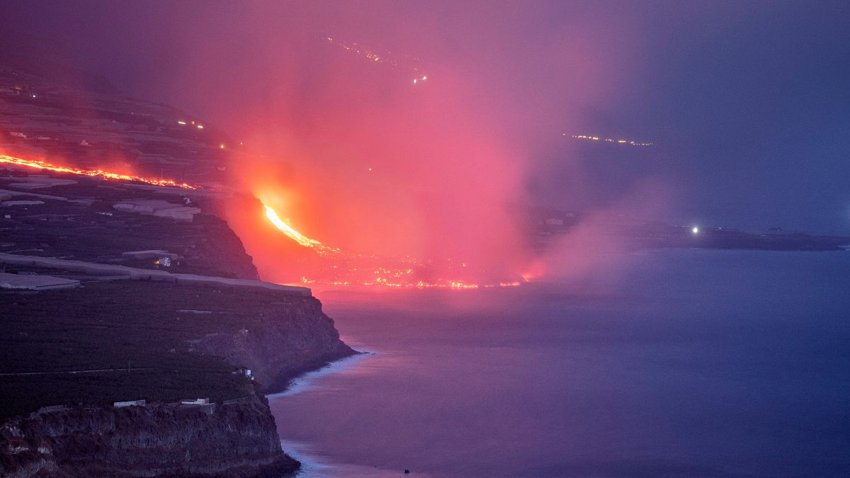 Lava from a volcano reaches the sea on the Canary island of La Palma, Spain, Sept. 29, 2021.
