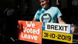 A Brexit supporter holds up a placard and a mock car number plate outside the Supreme Court in London.