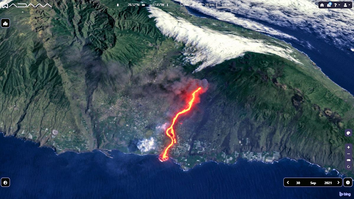 The lava flow from the Cumbre Vieja volcano on the Spanish island of La Palma, on Sept. 30, 2021.