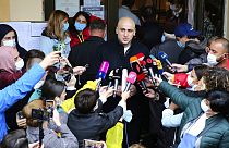 Nika Melia, head of the United National Movement, speaks to the media after voting at a polling station during national municipal elections in Tbilisi, October 2, 2021.