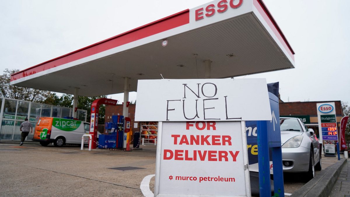 'No Fuel' signage is displayed at a closed filling station in Streatham Hill, south London, on October 2, 2021. 