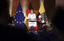 Kanzlerin Angela Merkel während ihrer Einheitsrede in Halle