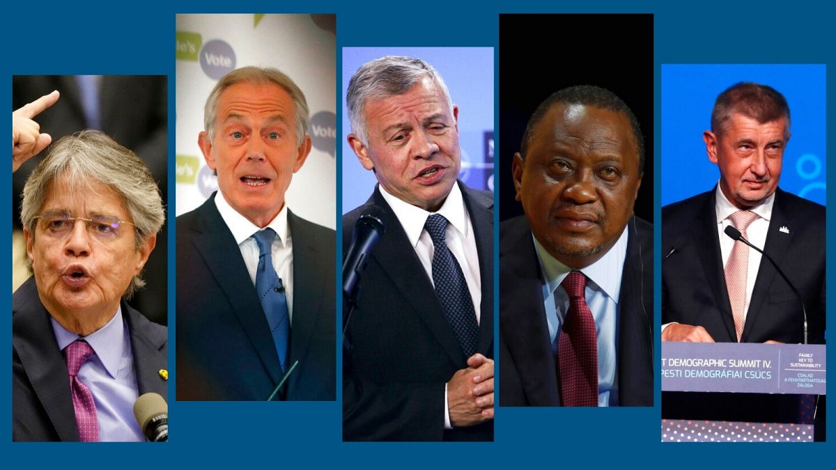 De gauche à droite : Guillermo Lasso, Tony Blair, Abdallah II, Uhuru Kenyatta, Andrej Babis
