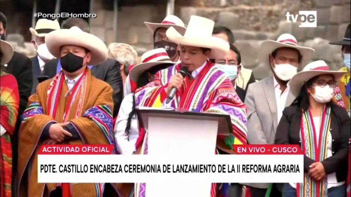 Pedro Castillo, presidente de Perú, en Cusco, en el lanzamiento de la segunda reforma agraria
