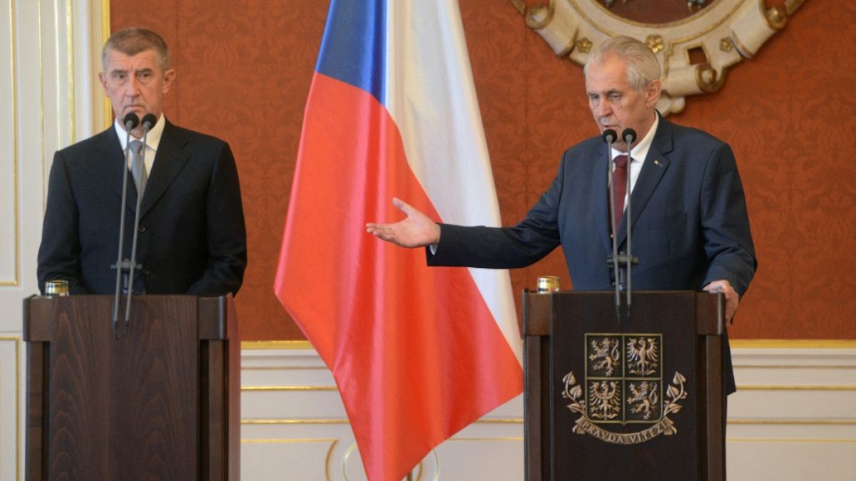 Czech President Milos Zeman (R) and Prime Minister Andrej Babis (C) on June 6, 2018.