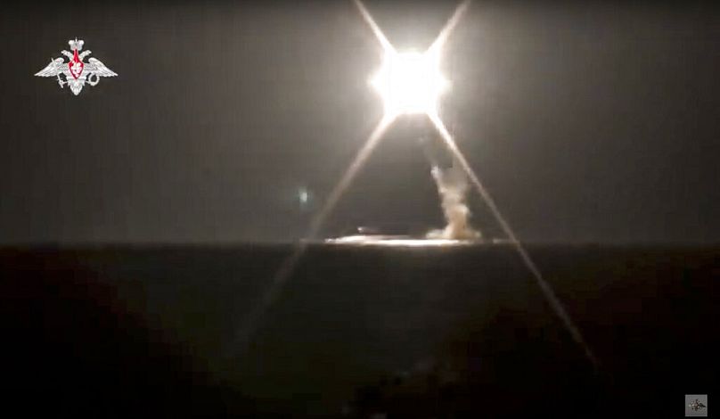 In this photo taken from video distributed by Russian Defense Ministry Press Service on Monday, Oct. 4, 2021, a new Zircon hypersonic cruise missile is launched by a submarine