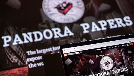 This photograph illustration shows the logo of Pandora Papers on October 4, 2021.