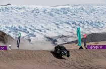 One of the cars taking part in the inaugural Arctic X-Prix, with Russell Glacier in the background. This was the first ever motorsport race to take place in Greenland.