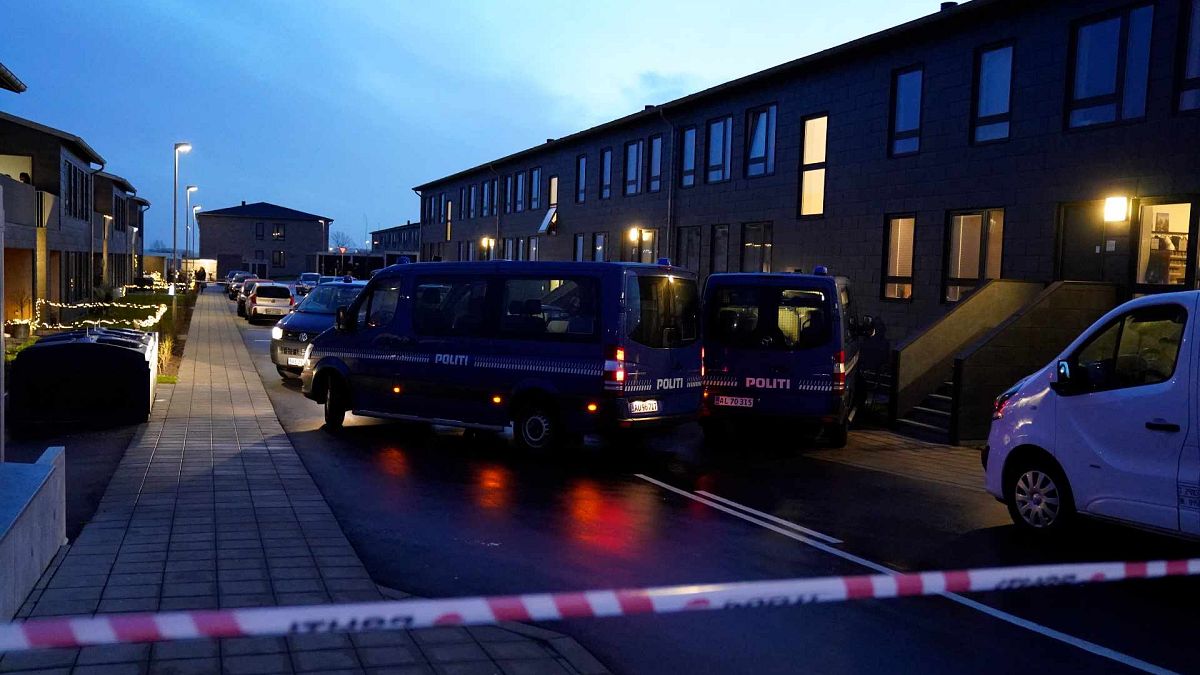 سيارات الشرطة متوقفة أمام منازل في ألبورغ، أثناء تدخل للشرطة بناء على اشتباه في استعدادات لهجمات إرهابية، 11 كانون الأول 2019 