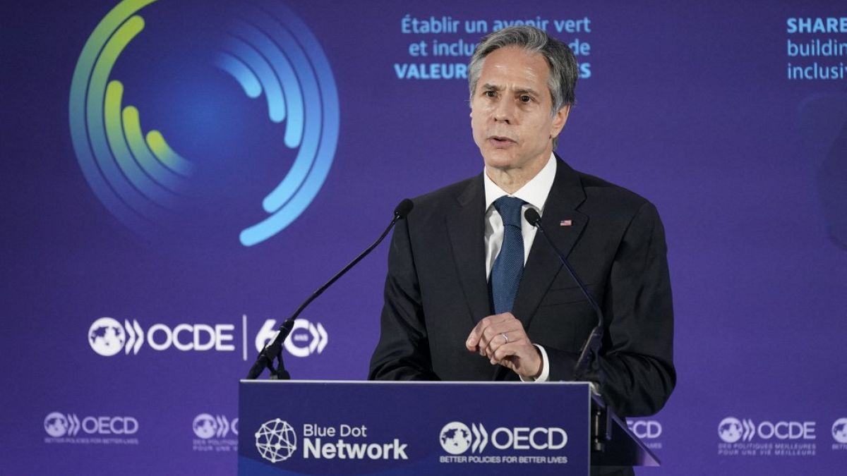 Secretary of State Antony Blinken speaks during a Blue Dot Network Discussion at the OECD Ministerial Council Meeting on October 5, 2021, in Paris.