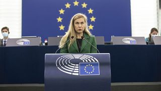 European Commissioner for Energy Kadri Simson delivers her speech at the European Parliament in Strasbourg.