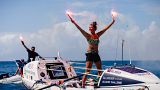 Jasmine at the finish line in Antigua, having rowed over 5,000 kilometres