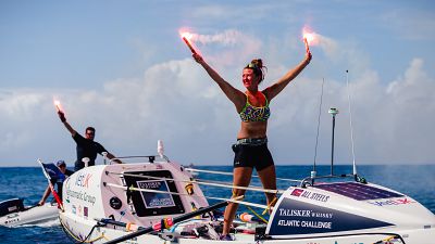 Jasmine at the finish line in Antigua, having rowed over 5,000 kilometres Jasmine at the finish line in Antigua, having rowed over 5,000 kilometres