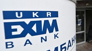 The offices of the Ukrainian state bank Ukreximbank are pictured in Kyiv.
