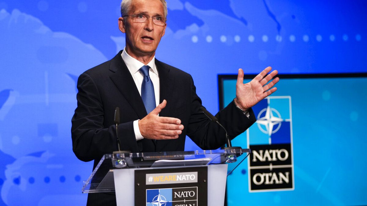 In this Friday, Aug. 20, 2021 file photo, NATO Secretary General Jens Stoltenberg gestures during an online news conference at NATO headquarters in Brussels. 