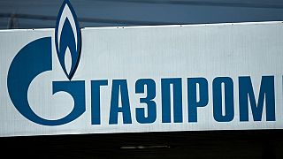 The logo of Russia's energy giant Gazprom is pictured at one of its petrol stations in Moscow on April 16, 2021.