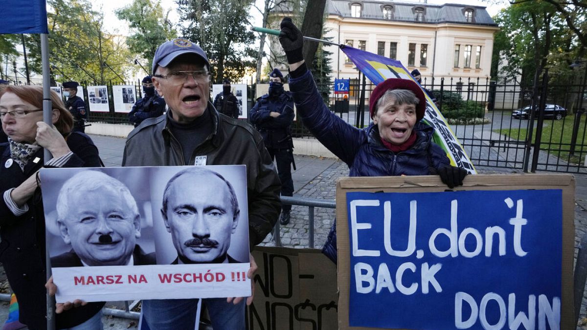 People stage a protest in front of Poland's constitutional court, in Warsaw, Poland, Thursday, October 7, 2021.
