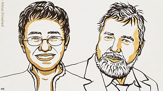An illustration of Nobel Peace Prize winners Maria Ressa and Dmitry Muratov
