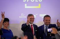 Leader of Spolu (Together) Petr Fiala, centre, at the party's headquarters after the country's parliamentary election, Prague, Czech Republic, Oct. 9, 2021.