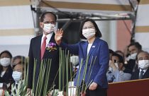 Taiwan's President Tsai Ing-wen, right, and Yu Shyi-kun, speaker of the Legislative Yuan during National Day celebrations in Taipei, Taiwan, Oct. 10, 2021.