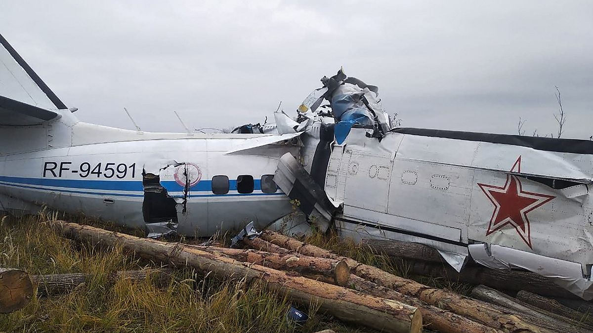 The wreckage at a site of the L-410 plane crash near the town of Menzelinsk in the Republic of Tatarstan, Russia, on on October 10, 2021.