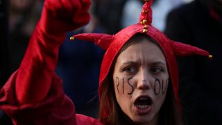 A demonstrator shouts slogans during a rally in support of Poland's membership in the European Union, in Krakow on October 10