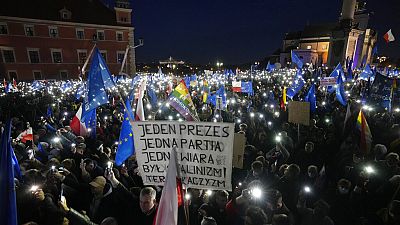 Thousands of people in Warsaw protesting in the historic centre