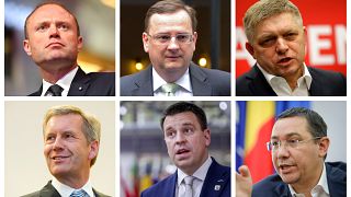 (Üst soldan sağa) Eski Malta, Slovakya, Çekya başbakanları ; (alt soldan sağa) eski Almanya Cumhurbaşkanı Christian Wulff, eski Estonya ve Romanya başbakanları