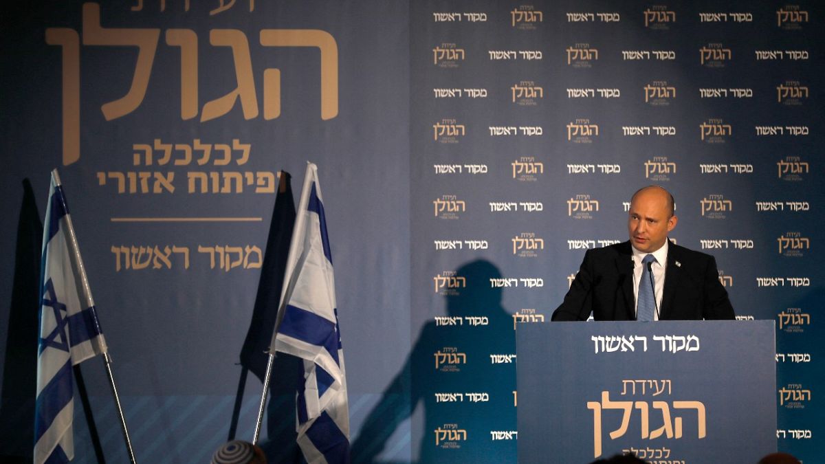 رئيس الوزراء الإسرائيلي نفتالي بينيت يتحدث خلال مؤتمر حول الاقتصاد والتنمية الإقليمية في مرتفعات الجولان، 11 أكتوبر 2021.