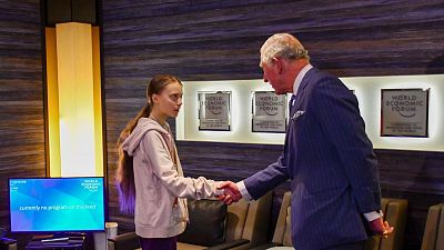 Prince Charles shakes hands with young climate activist Greta Thunberg in Switzerland.