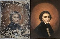 A portrait of Polish composer Frederic Chopin before and after restoration.