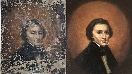 A portrait of Polish composer Frederic Chopin before and after restoration.