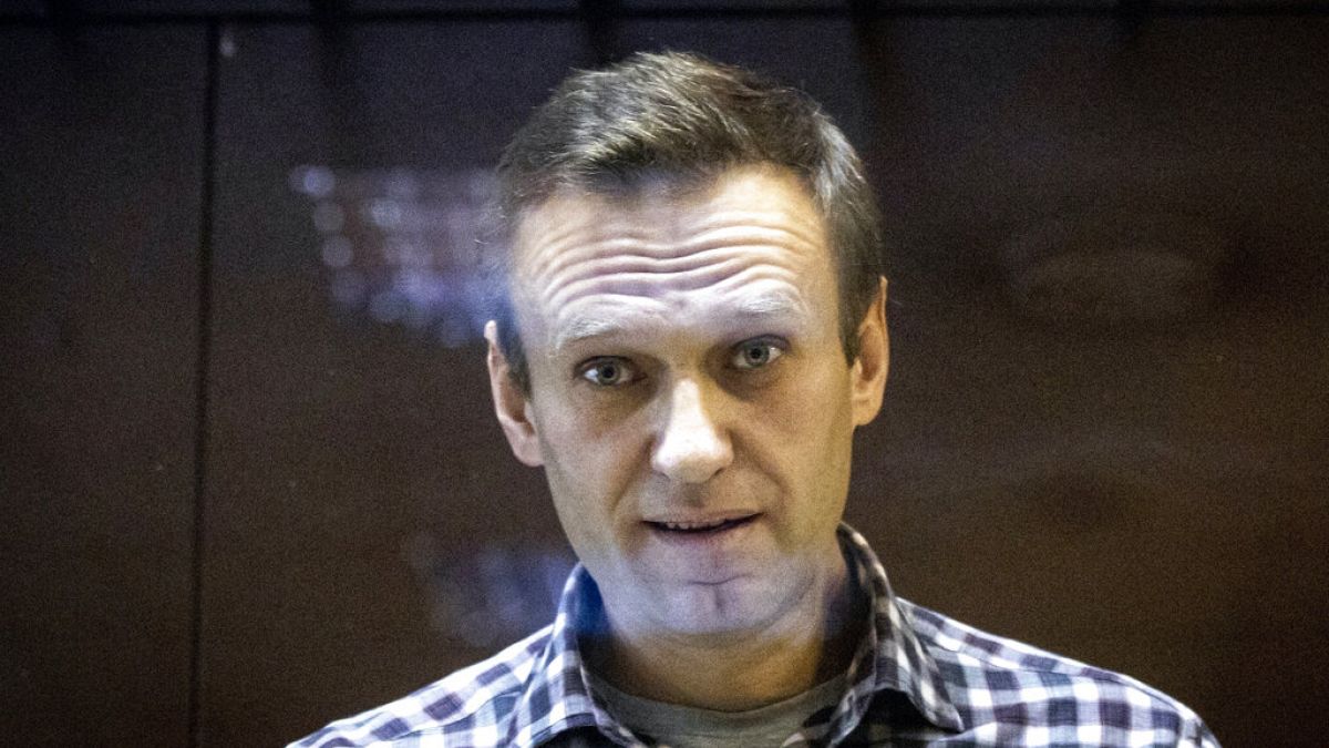 In this Saturday, Feb. 20, 2021, file photo, Russian opposition leader Alexei Navalny looks at photographers standing in the Babuskinsky District Court in Moscow, Russia.