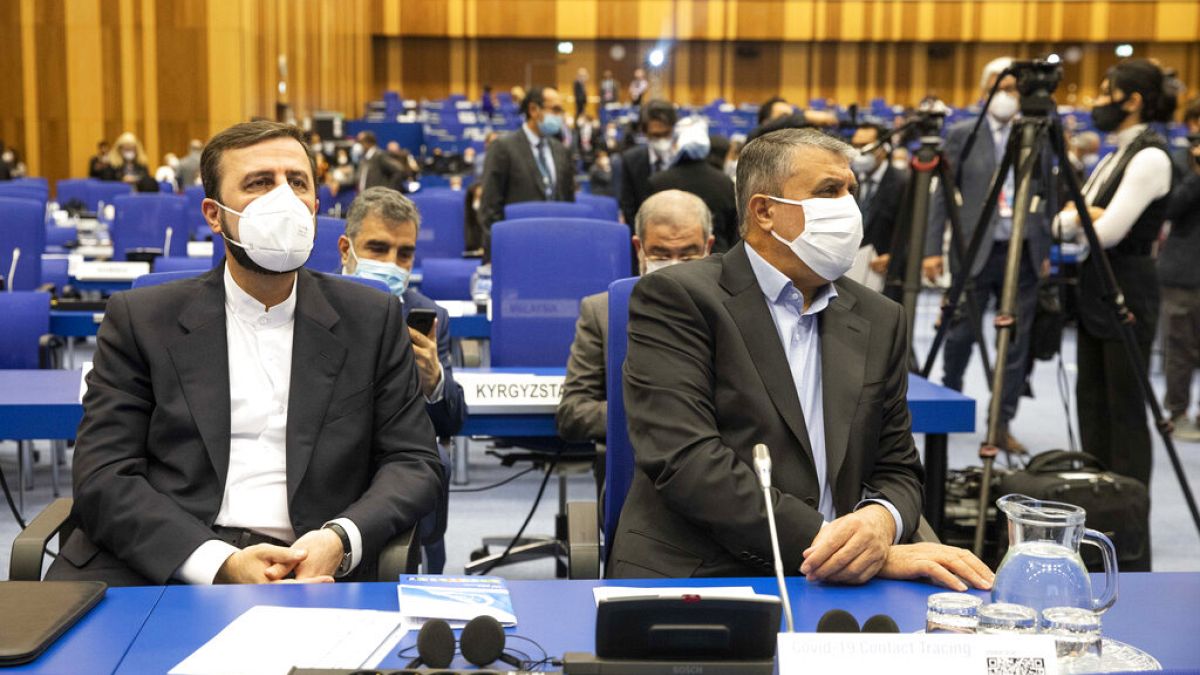Iran's Governor to the International Atomic Energy Agency (IAEA), Kazem Gharib Abadi, and Mohammad Eslami attend the IAEA General Conference in Vienna on September 20