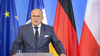 Polish Foreign Minister Zbigniew Rau at a news conference with his German and French counterparts to mark the 30th anniversary of the 'Weimar Triangle', Weimar, Sept. 10, 2021