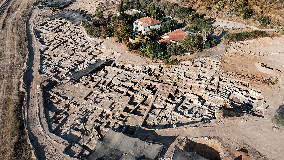 An aerial picture taken by a drone shows a massive ancient winemaking complex dating back some 1,500 years in Yavne, south of Tel Aviv, Israel