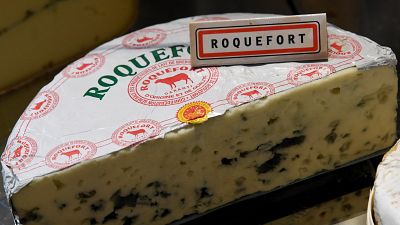 A picture taken on october 18, 2019 shows AOP (Appellation d'Origine Protegee - Protected Designation of Origin) Roquefort cheese during the AOP fair in Paris